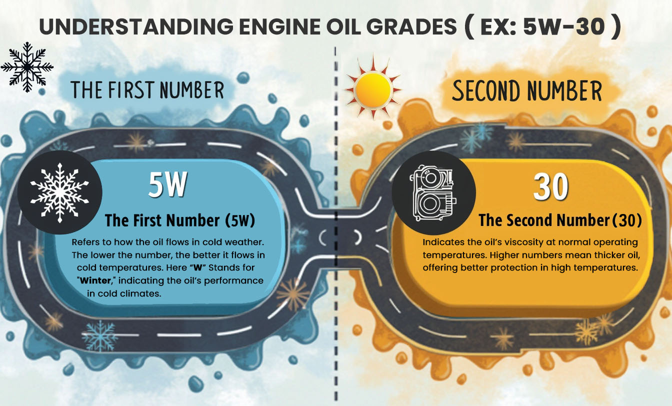 Understanding engine oil grades: 5W-30 explained for cold and hot weather.