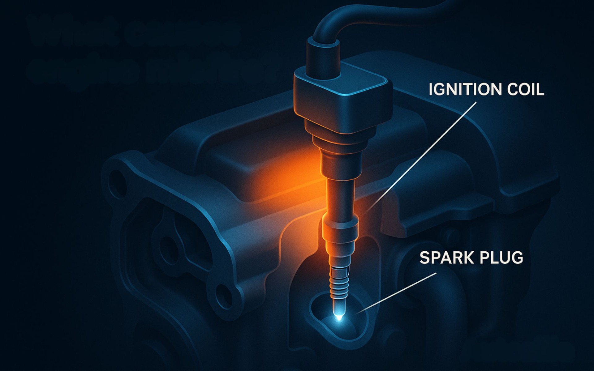 Cutaway engine diagram showing ignition coil and spark plug causing engine misfire